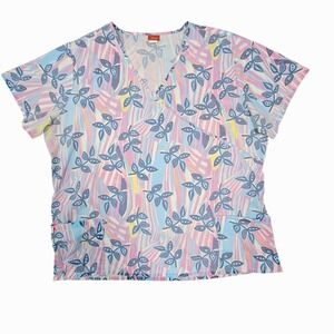 Denice Scrub Top 3XL Pink Blue Abstract Leaf V-Neck Mock Wrap 1018 Womens